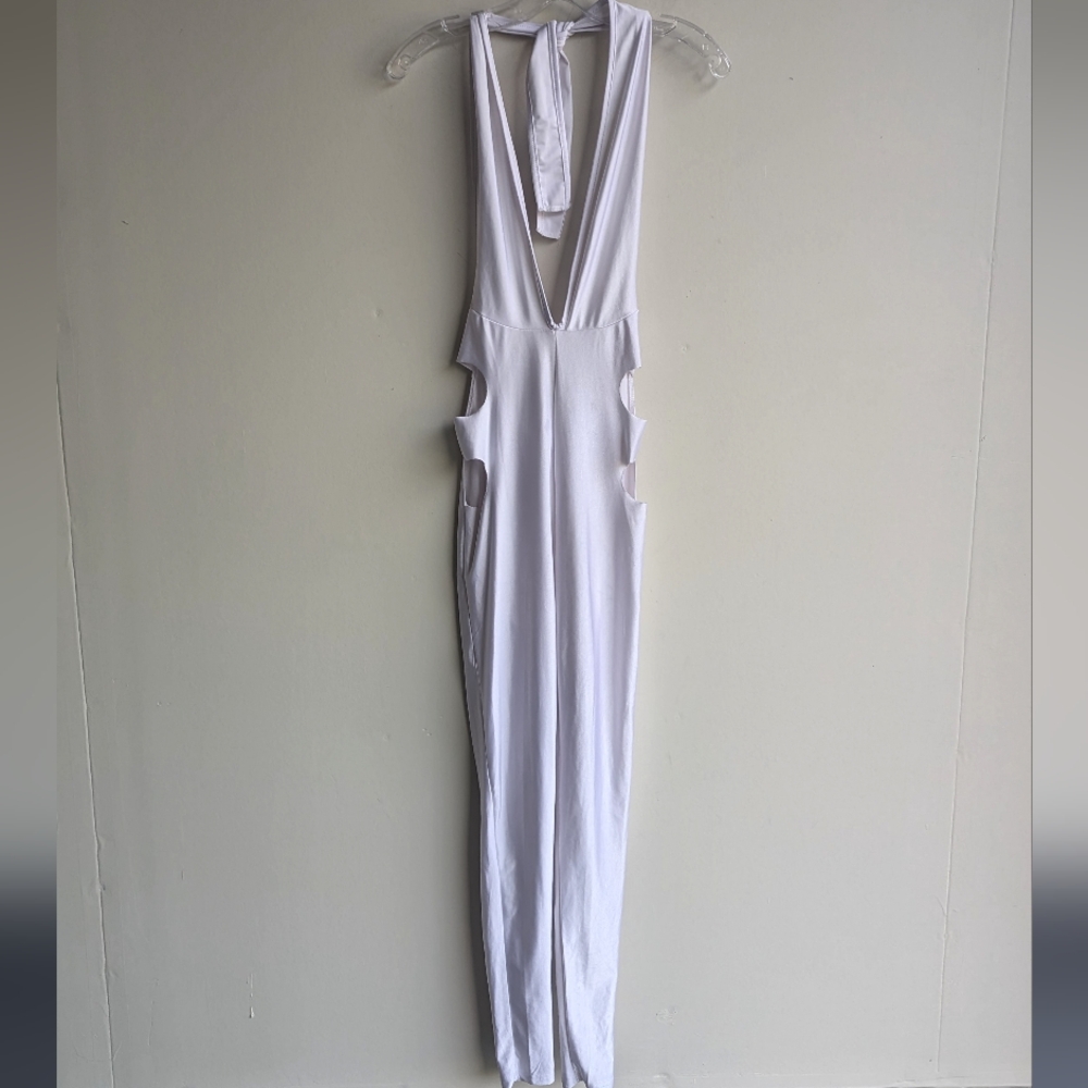White Spandex Halter Jumpsuit with Cutout Sides